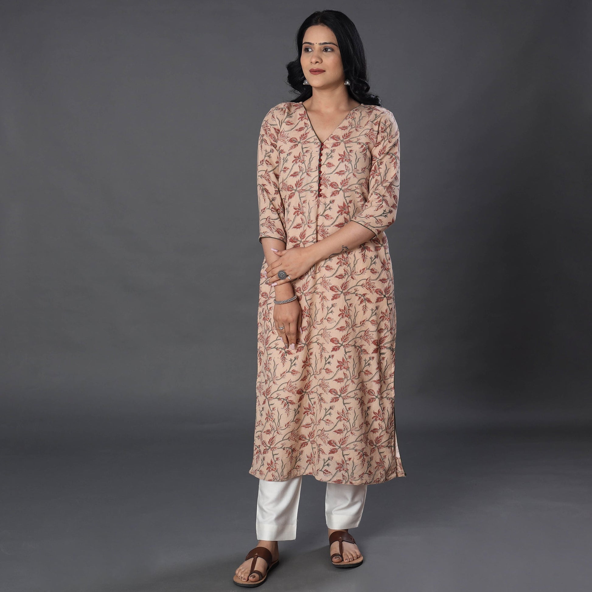 Beige - Handwoven Wool Pedana Kalamkari Print Kurta