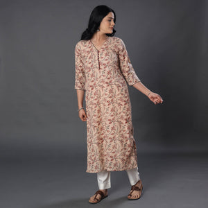 Beige - Handwoven Wool Pedana Kalamkari Print Kurta