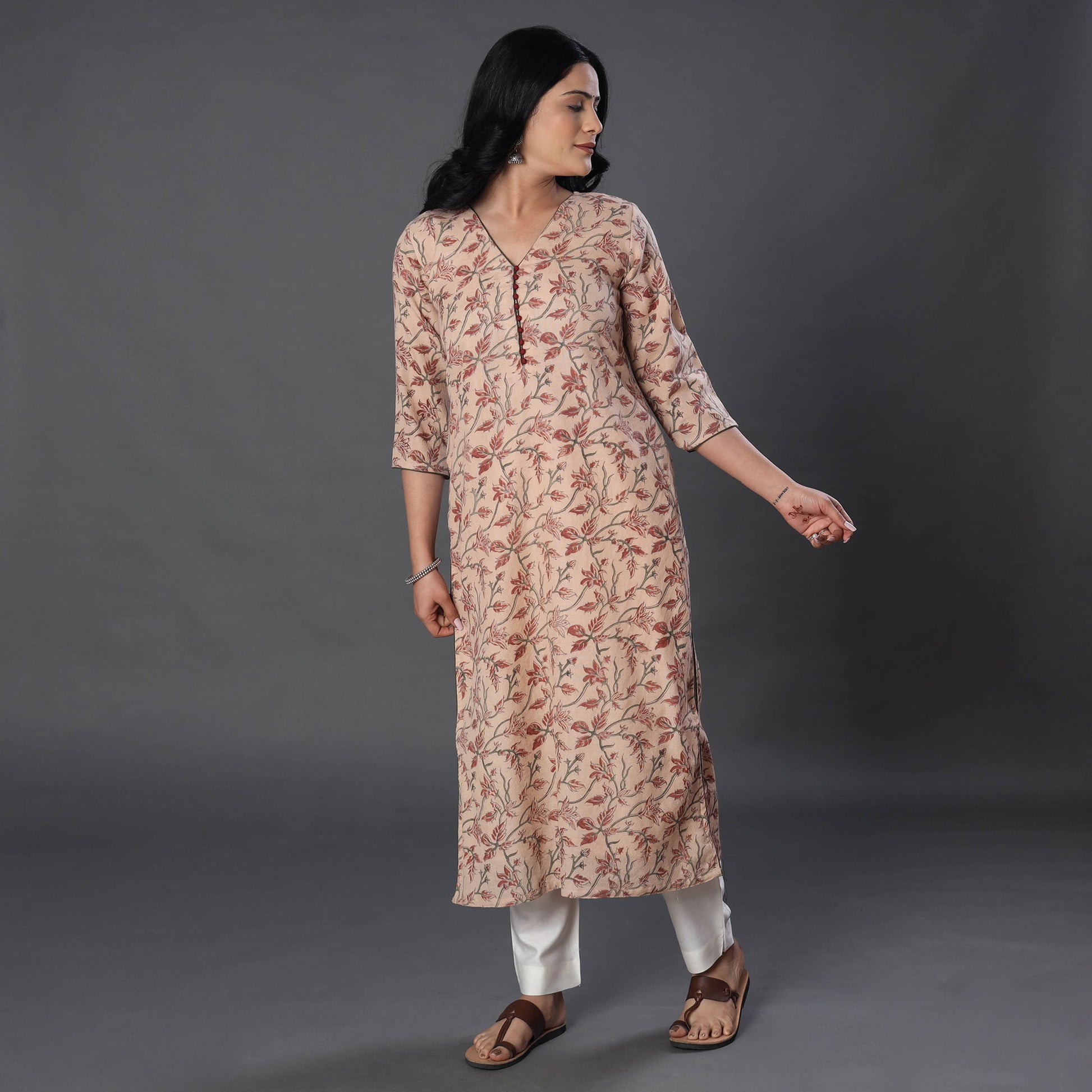 Beige - Handwoven Wool Pedana Kalamkari Print Kurta