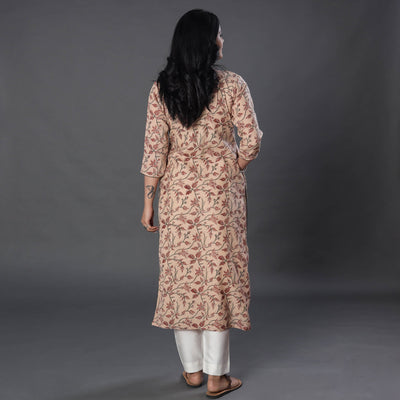 Beige - Handwoven Wool Pedana Kalamkari Print Kurta