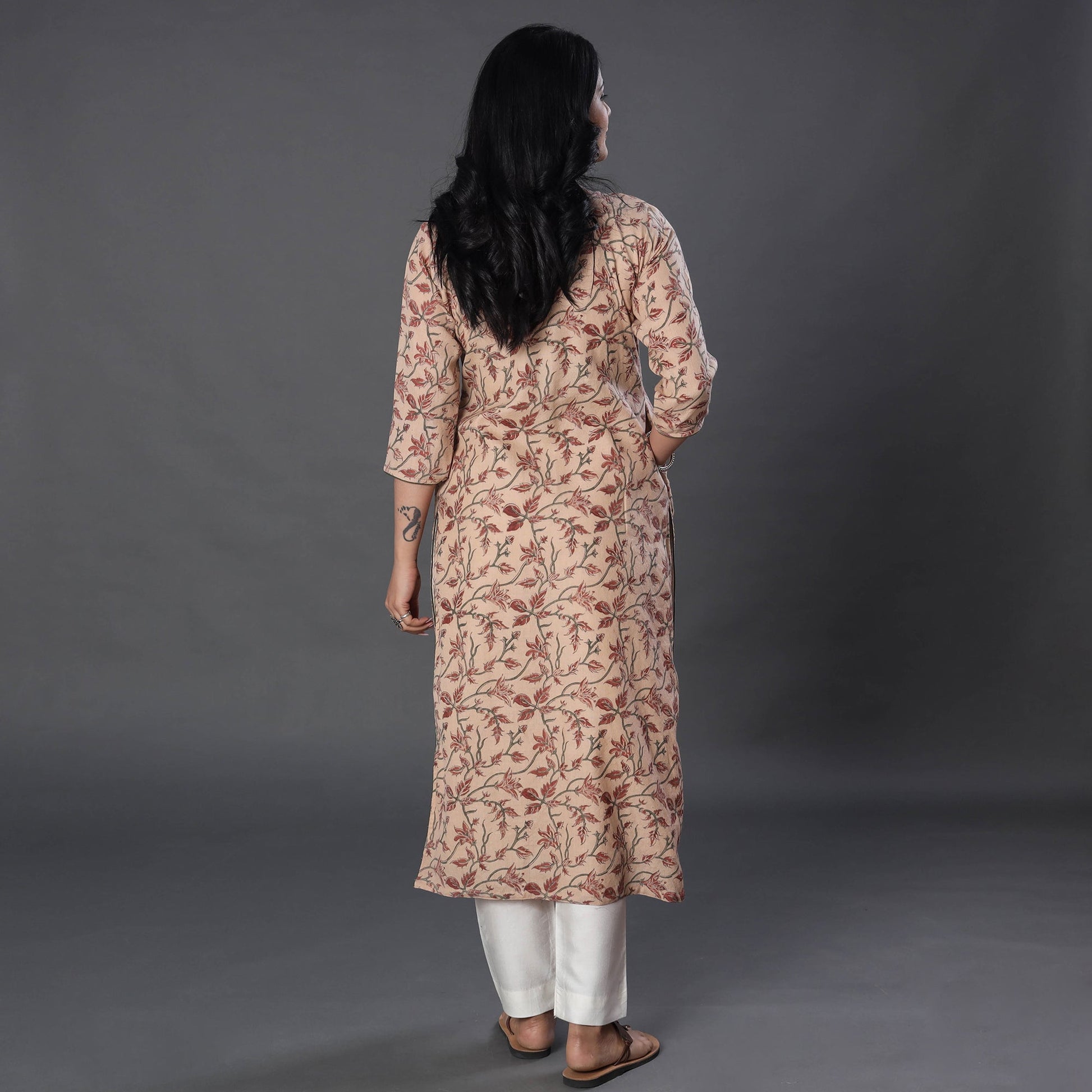 Beige - Handwoven Wool Pedana Kalamkari Print Kurta
