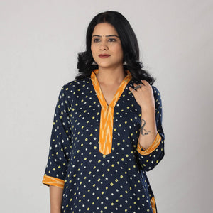 Blue - Bandhani Tie-dye Cotton Long Straight Kurta