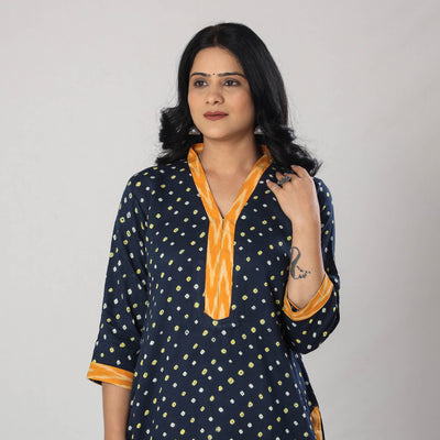 Blue - Bandhani Tie-dye Cotton Long Straight Kurta