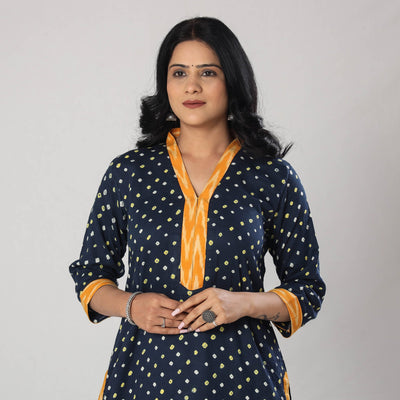 Blue - Bandhani Tie-dye Cotton Long Straight Kurta