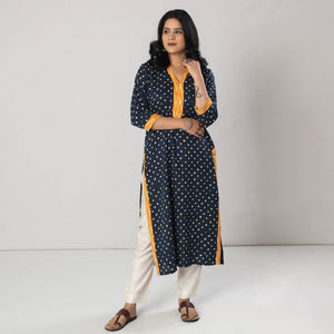 Blue - Bandhani Tie-dye Cotton Long Straight Kurta