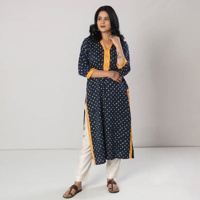 Blue - Bandhani Tie-dye Cotton Long Straight Kurta