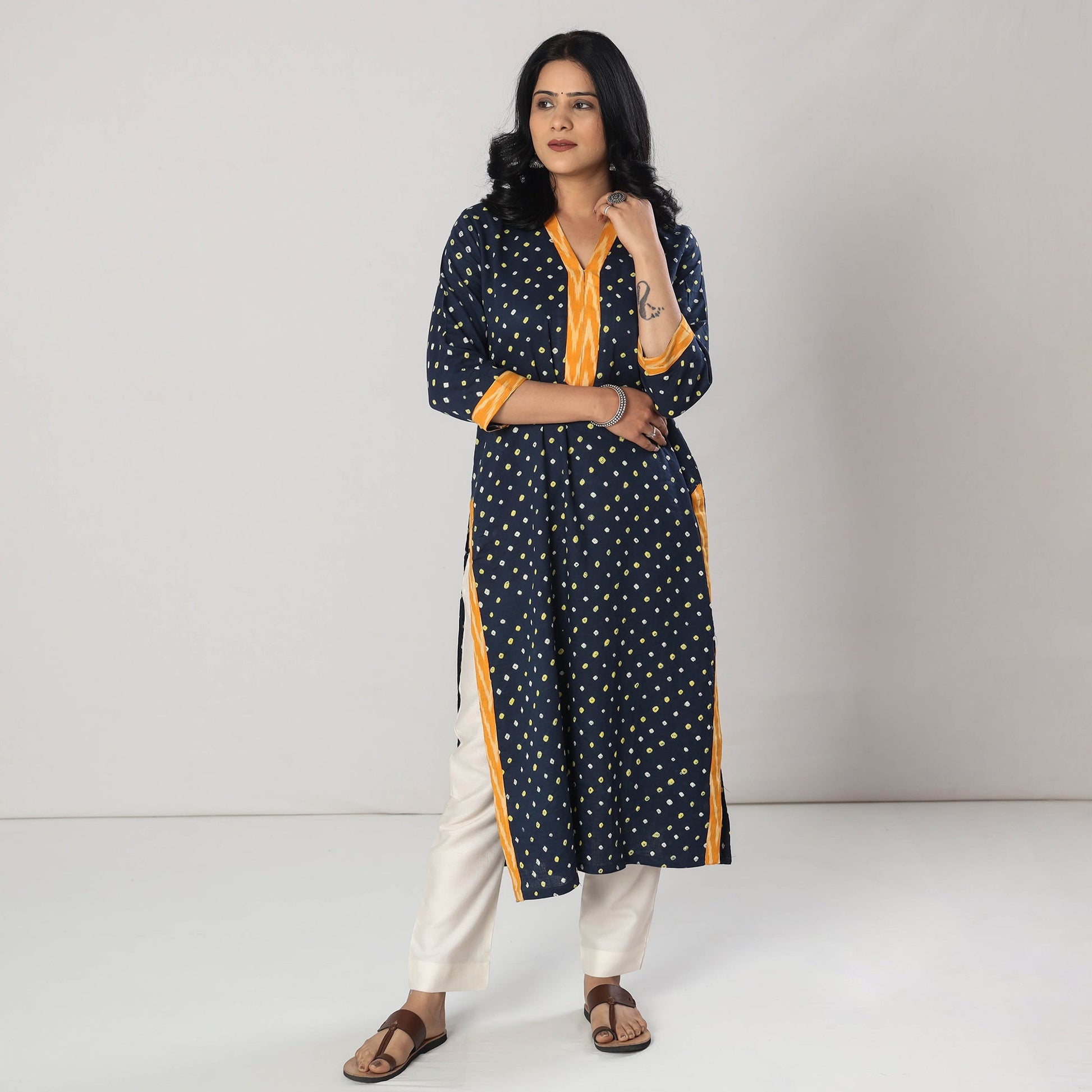 Blue - Bandhani Tie-dye Cotton Long Straight Kurta