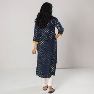 Blue - Bandhani Tie-dye Cotton Long Straight Kurta