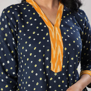 Blue - Bandhani Tie-dye Cotton Long Straight Kurta