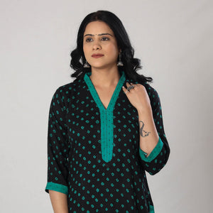 Black - Bandhani Tie-dye Cotton Long Straight Kurta