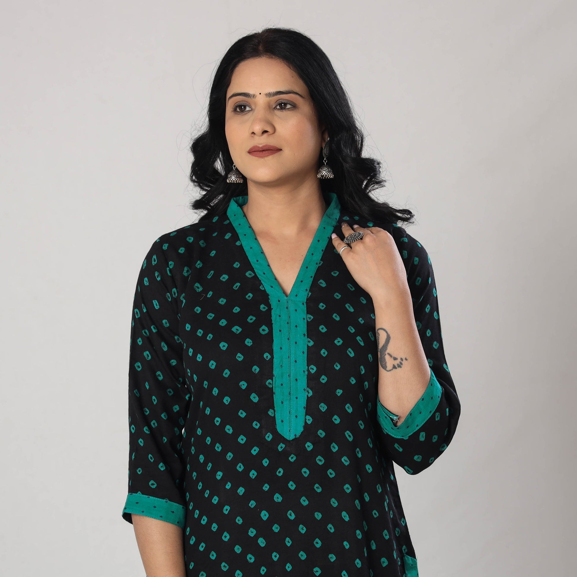 Black - Bandhani Tie-dye Cotton Long Straight Kurta