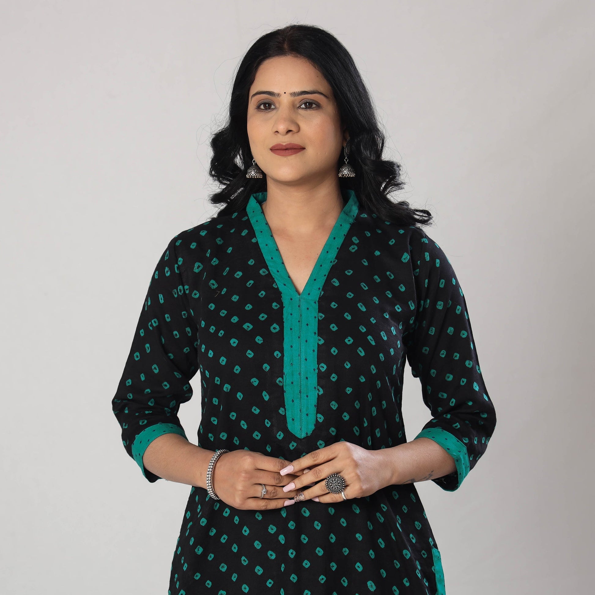Black - Bandhani Tie-dye Cotton Long Straight Kurta