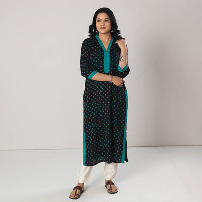 Black - Bandhani Tie-dye Cotton Long Straight Kurta