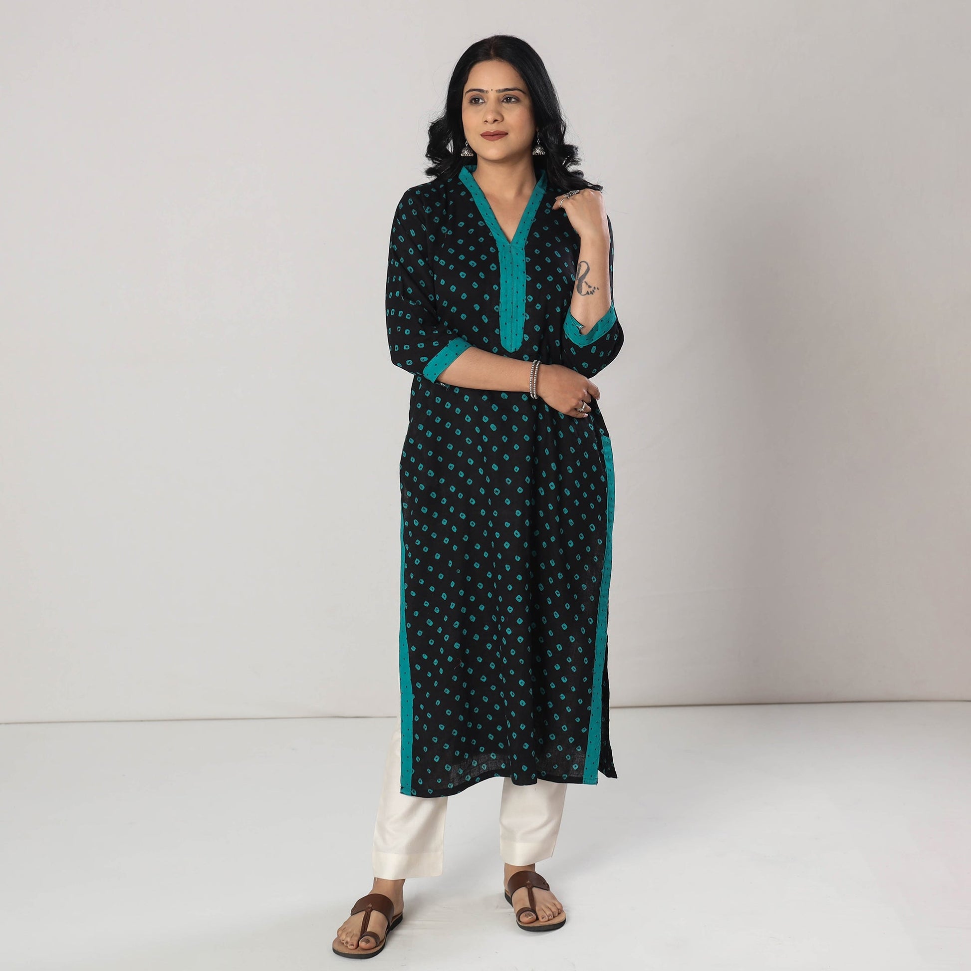 Black - Bandhani Tie-dye Cotton Long Straight Kurta