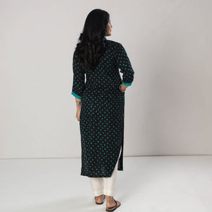 Black - Bandhani Tie-dye Cotton Long Straight Kurta