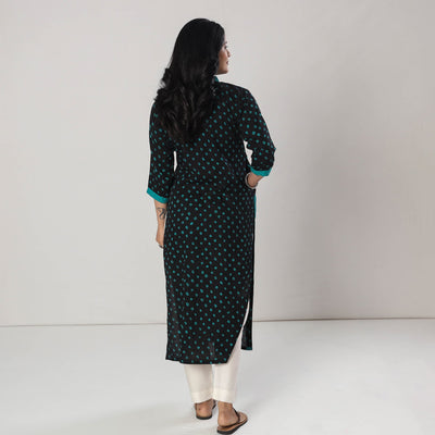 Black - Bandhani Tie-dye Cotton Long Straight Kurta
