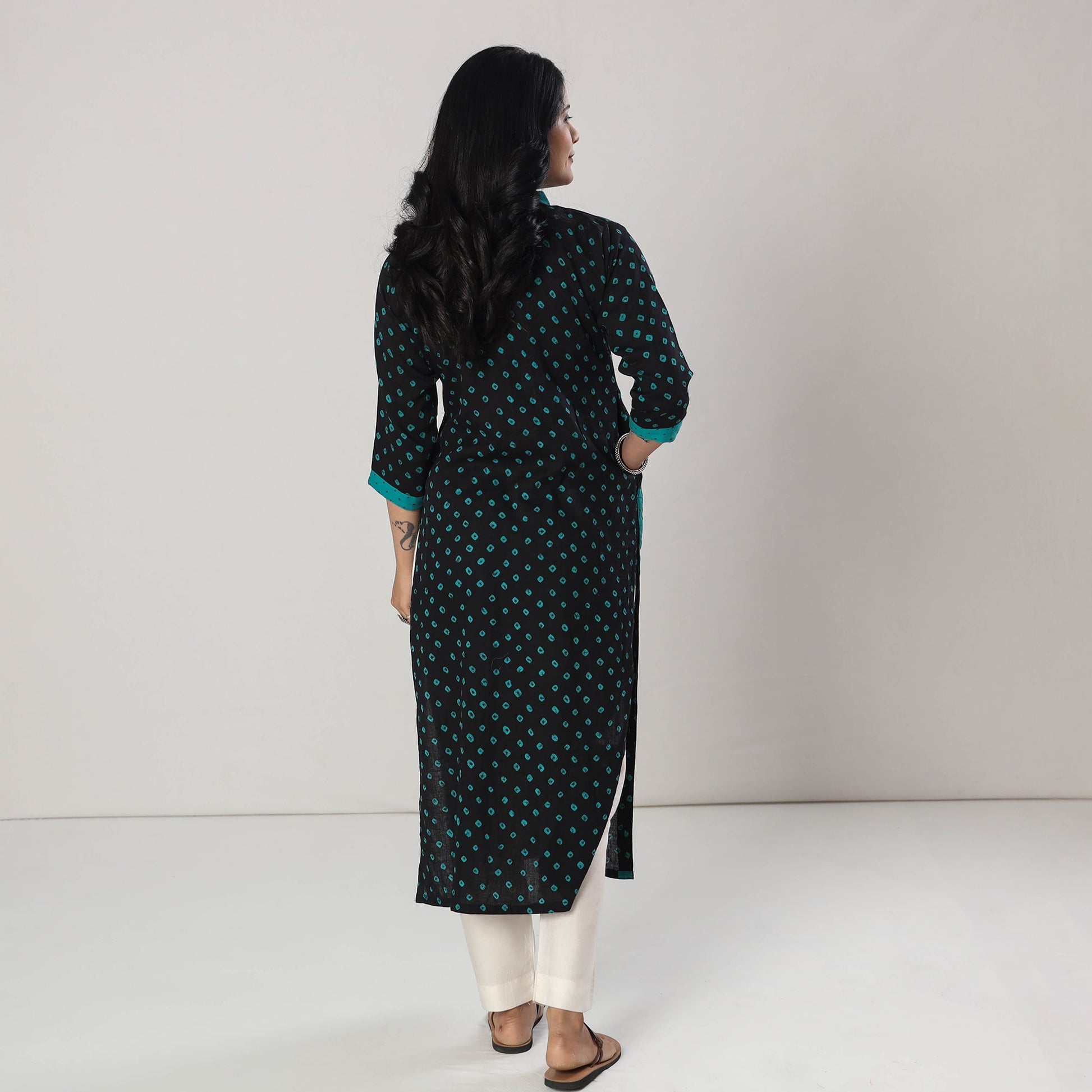 Black - Bandhani Tie-dye Cotton Long Straight Kurta