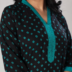 Black - Bandhani Tie-dye Cotton Long Straight Kurta