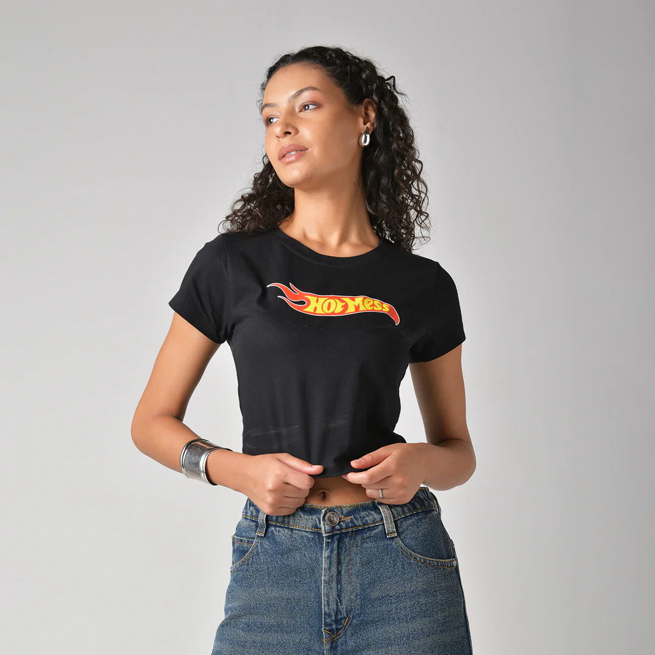 Hot mess graphic printed Black Crop Top baby tee