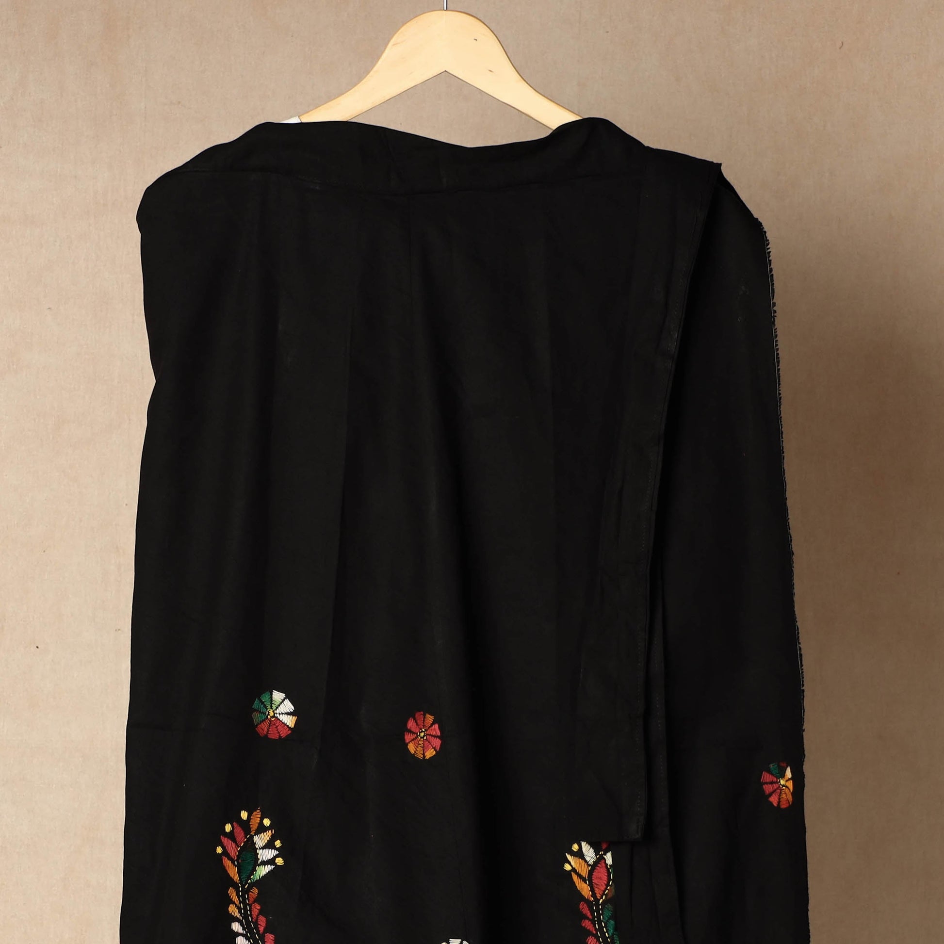 Black - Bengal Kantha Embroidery Cotton Wrap Around Skirt