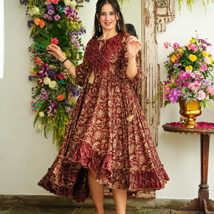 Maroon Majesty Muslin Dress