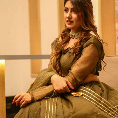 brown organza lehenga choli set