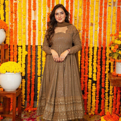 Mudstone georgette embroidered suit set