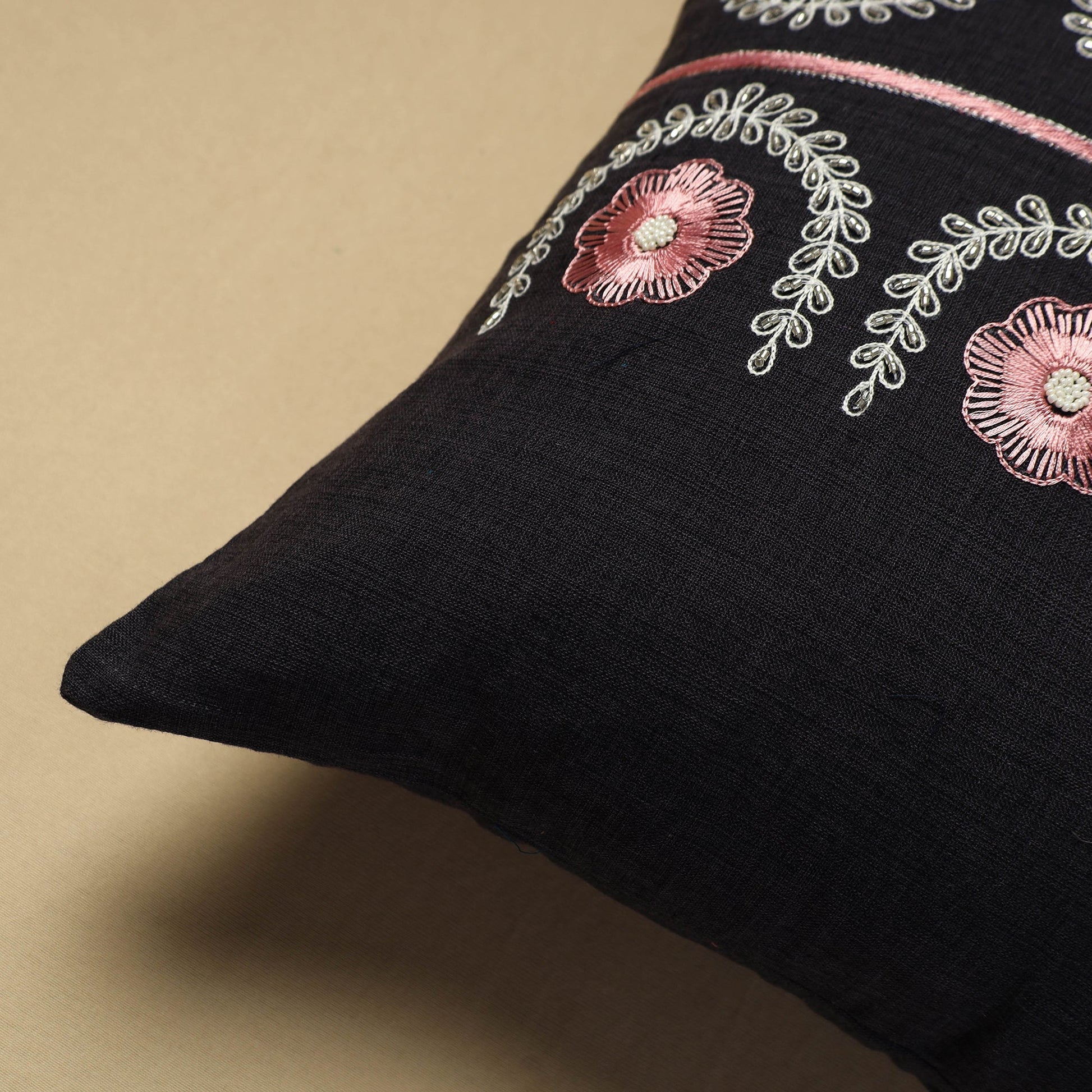 Black - Hand Embroidery Plain Cotton Cushion Cover (16 x 16 in)