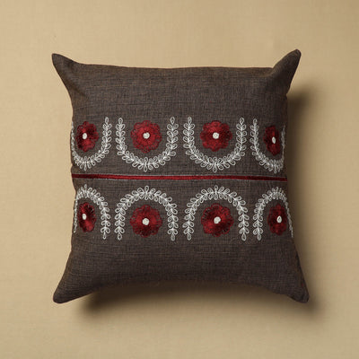 Brown - Hand Embroidery Plain Cotton Cushion Cover (16 x 16 in)