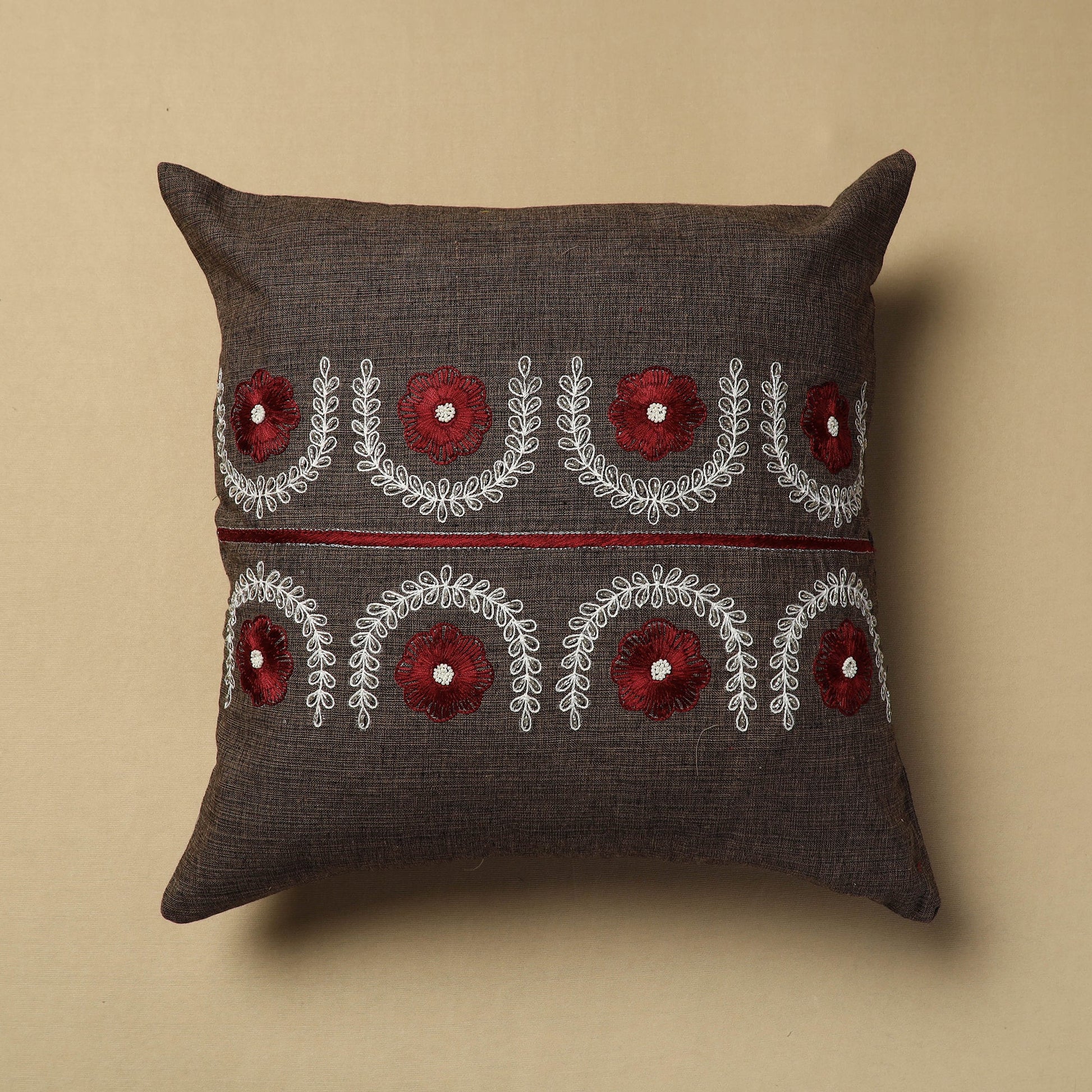 Brown - Hand Embroidery Plain Cotton Cushion Cover (16 x 16 in)