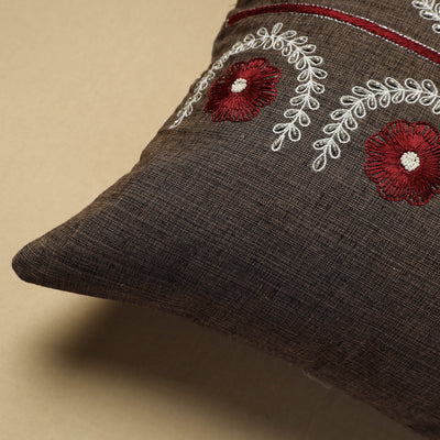 Brown - Hand Embroidery Plain Cotton Cushion Cover (16 x 16 in)