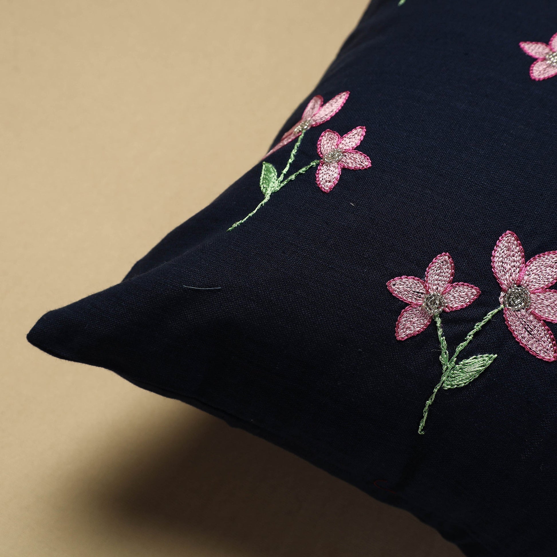 Black - Hand Embroidery Plain Cotton Cushion Cover (16 x 16 in)