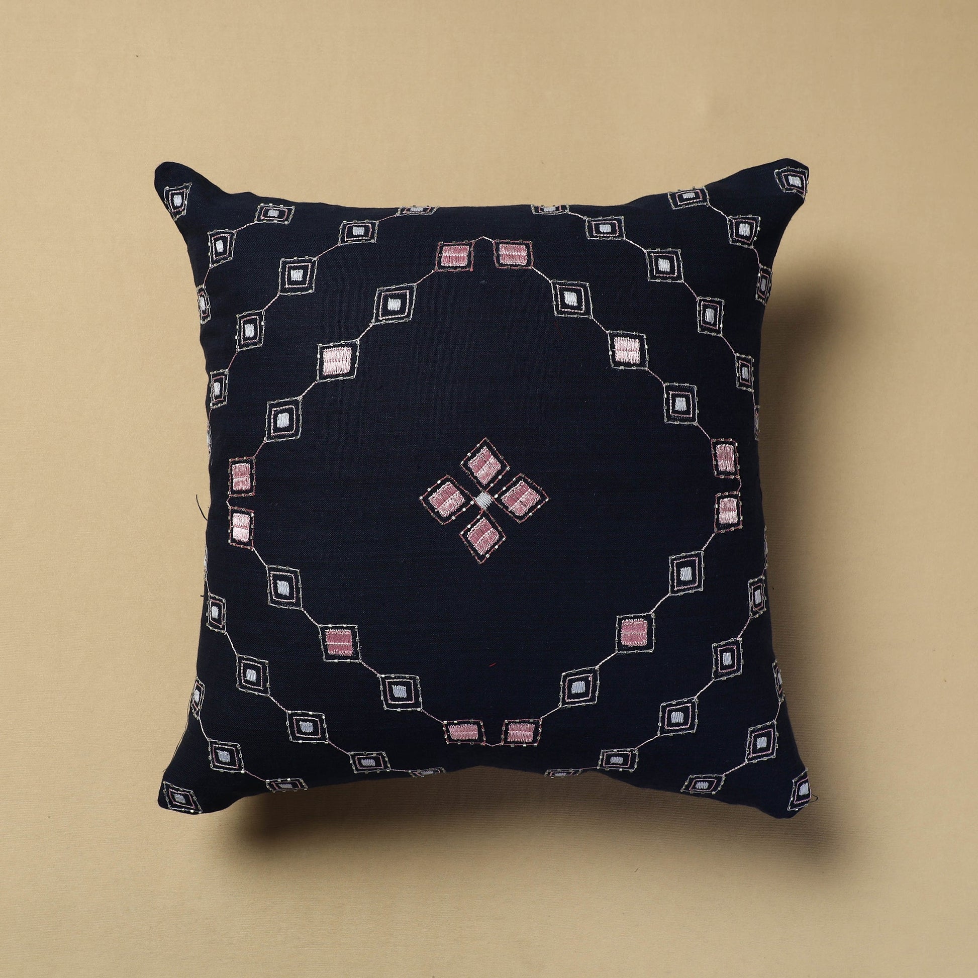 Black - Hand Embroidery Plain Cotton Cushion Cover (16 x 16 in)
