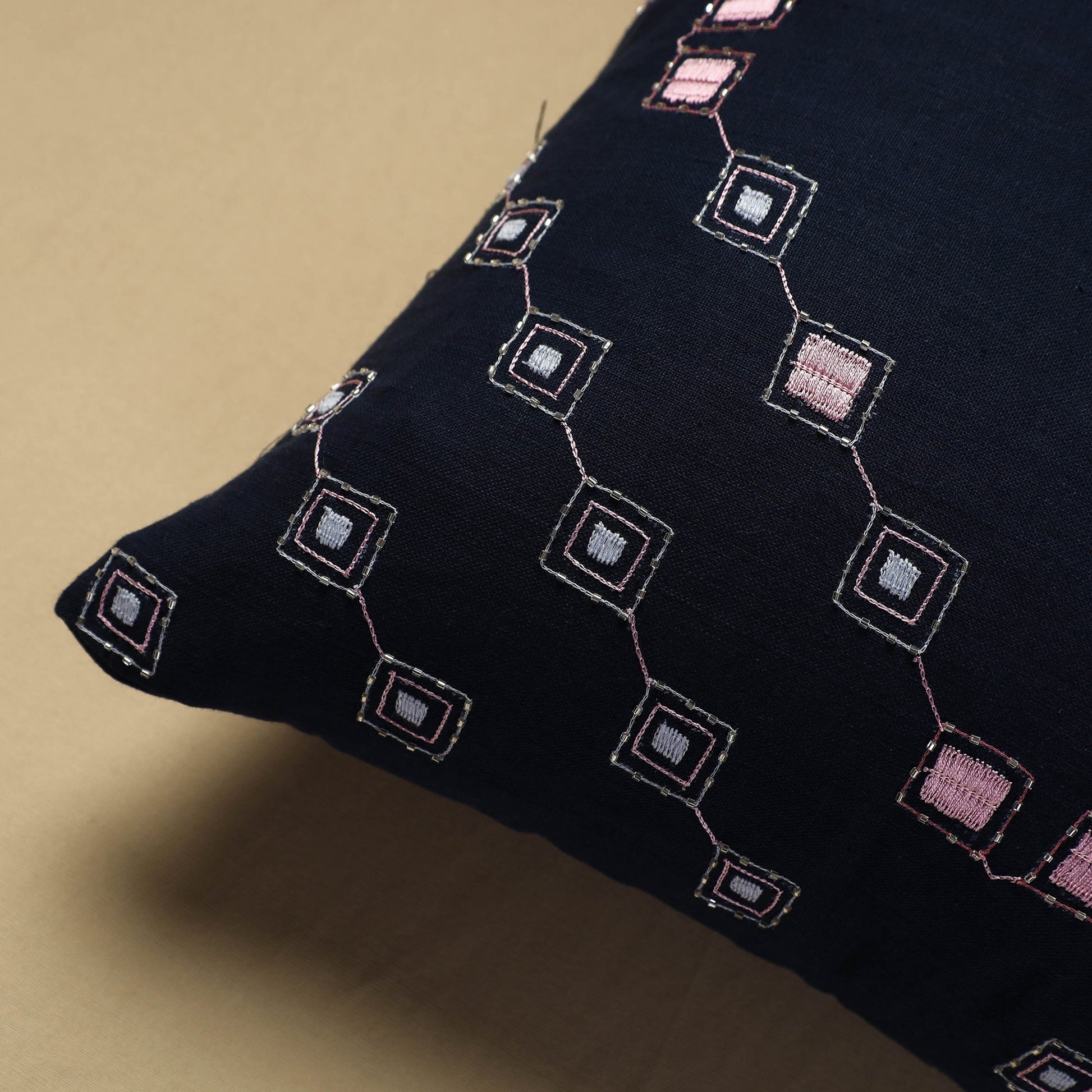 Black - Hand Embroidery Plain Cotton Cushion Cover (16 x 16 in)