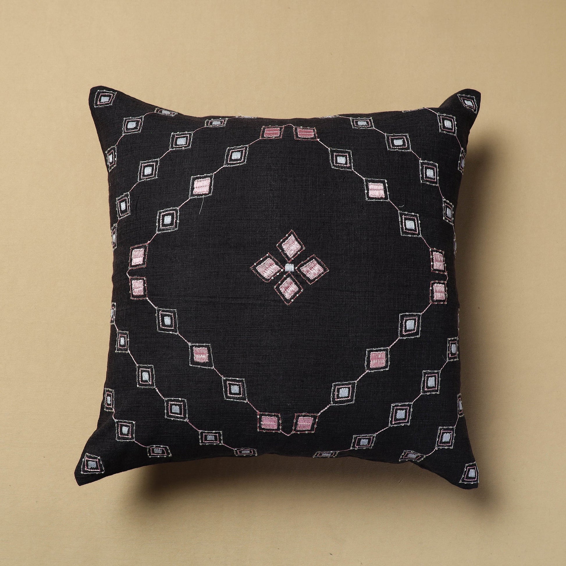 Black - Hand Embroidery Plain Cotton Cushion Cover (16 x 16 in)
