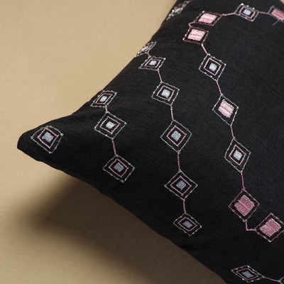Black - Hand Embroidery Plain Cotton Cushion Cover (16 x 16 in)