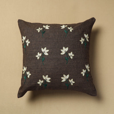 Brown - Hand Embroidery Plain Cotton Cushion Cover (16 x 16 in)
