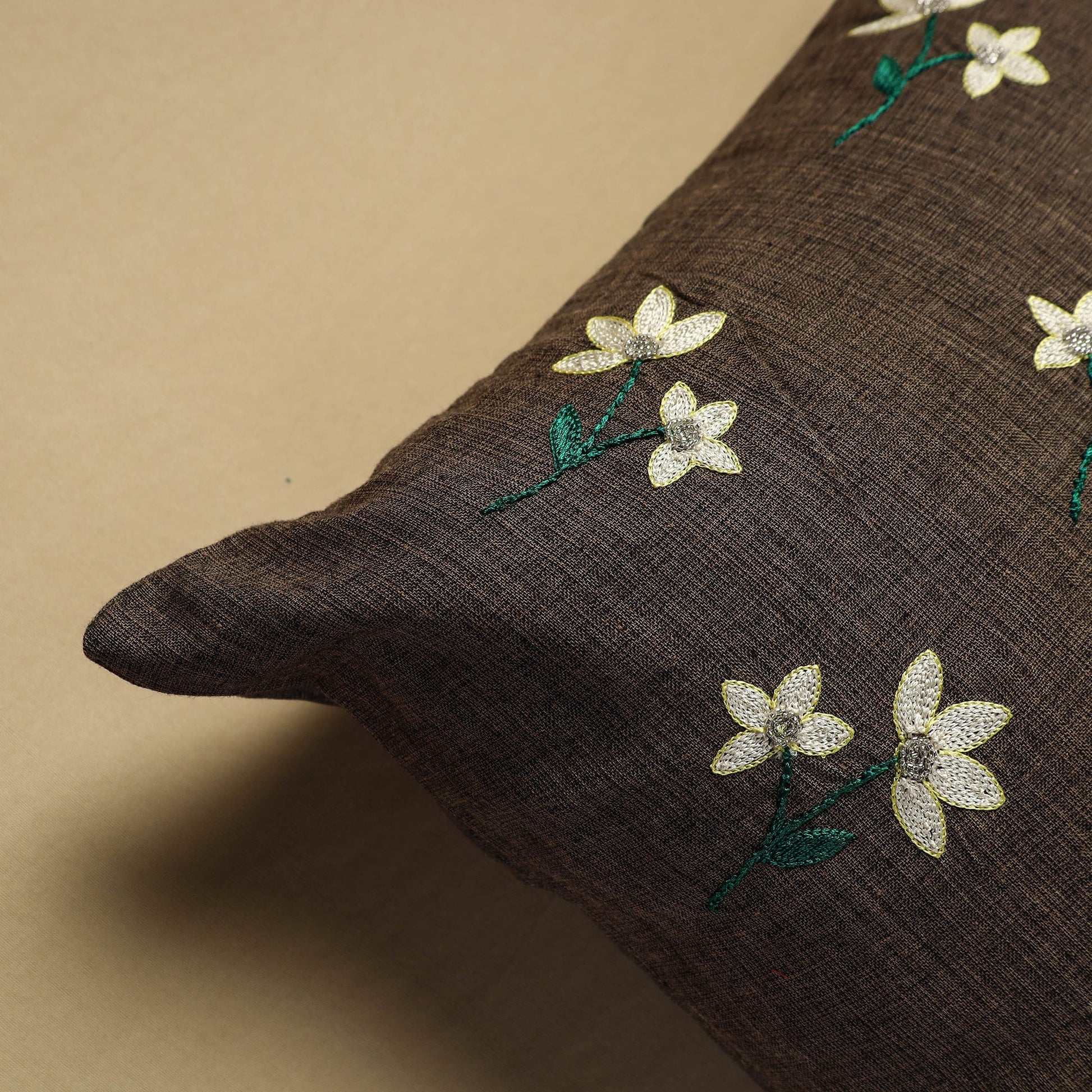Brown - Hand Embroidery Plain Cotton Cushion Cover (16 x 16 in)