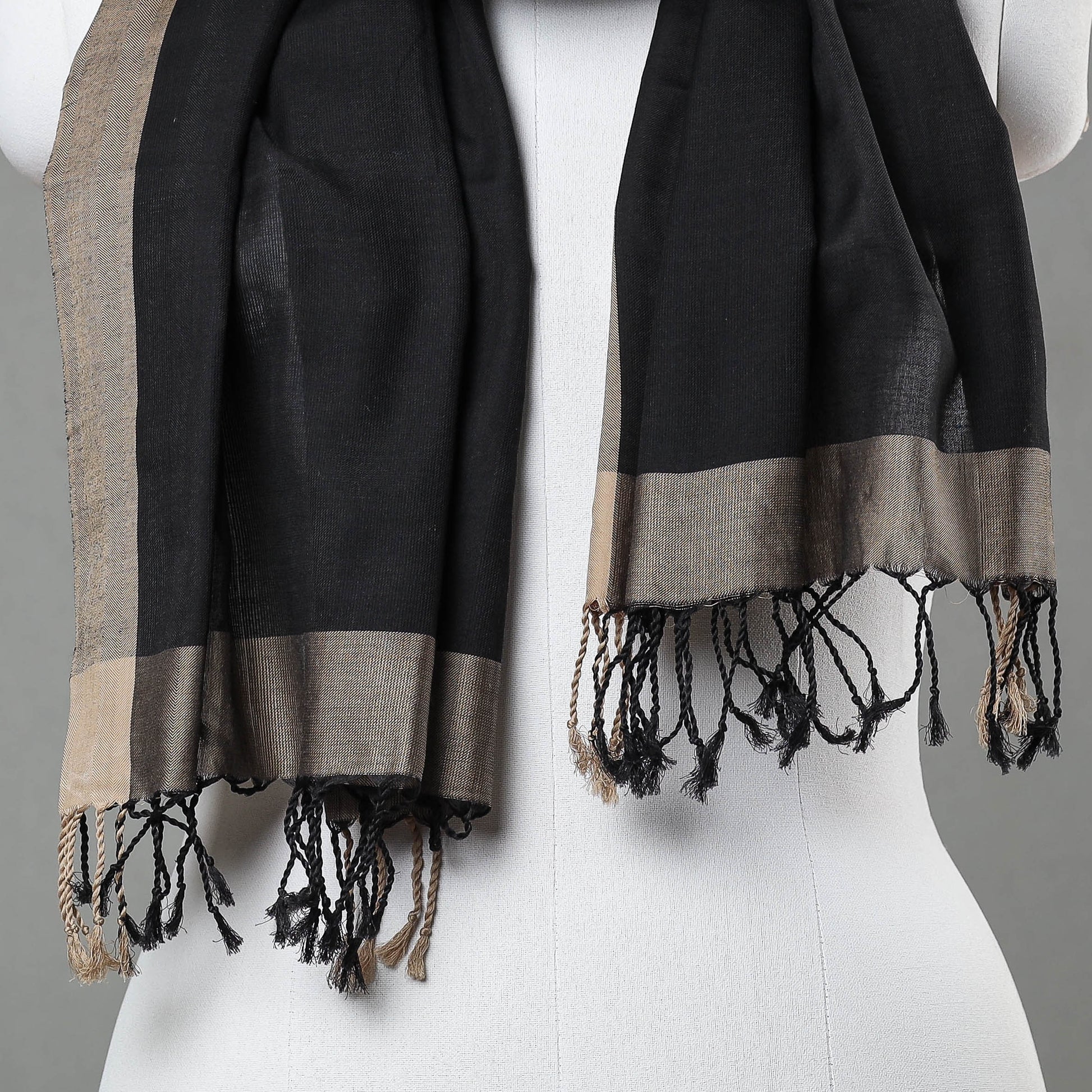 Black - Traditional Maheshwari Cotton Handloom Stole with Tassels