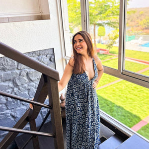 Indigo Dabu Floral Print Cotton Sleeveless Dress | Relove