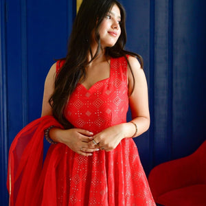 red embroidered silk suit set