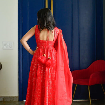 red embroidered silk suit set