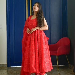 red embroidered silk suit set