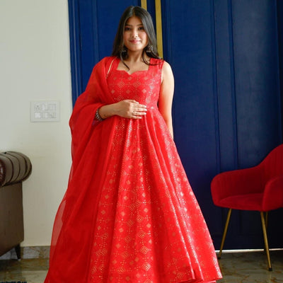 red embroidered silk suit set