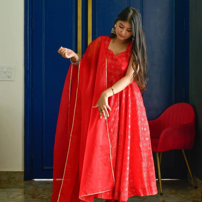 red embroidered silk suit set