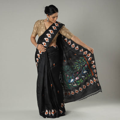 Black - Bengal Kantha Embroidery Bishnupuri Silk Handloom Saree