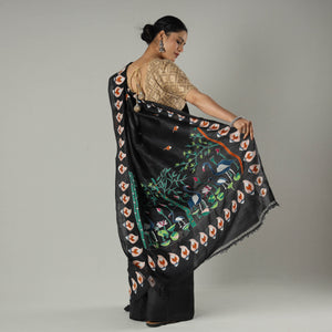 Black - Bengal Kantha Embroidery Bishnupuri Silk Handloom Saree