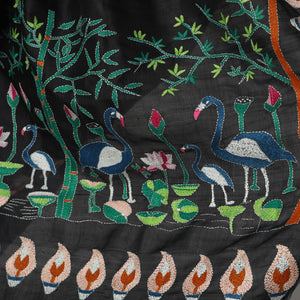 Black - Bengal Kantha Embroidery Bishnupuri Silk Handloom Saree