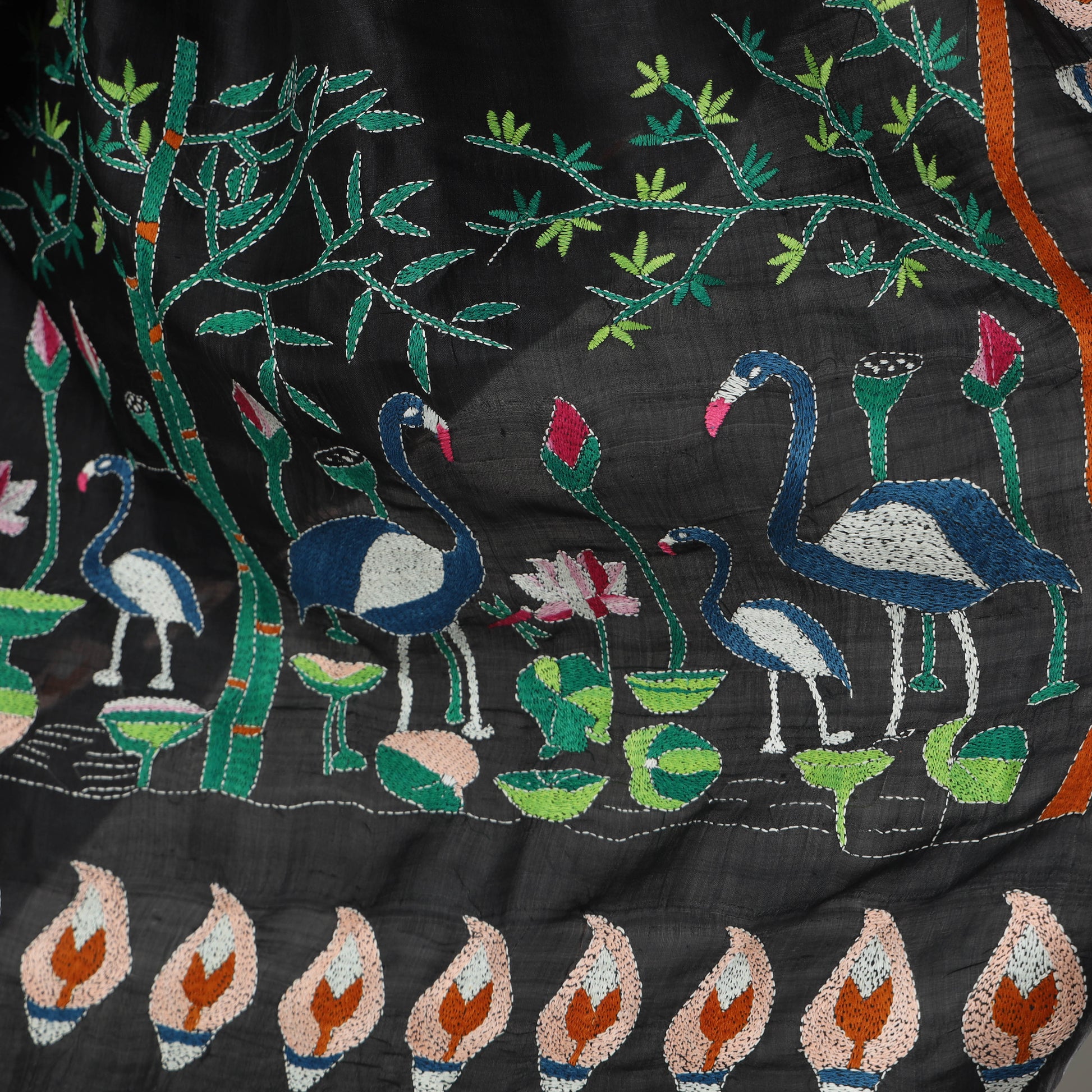 Black - Bengal Kantha Embroidery Bishnupuri Silk Handloom Saree