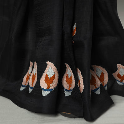 Black - Bengal Kantha Embroidery Bishnupuri Silk Handloom Saree